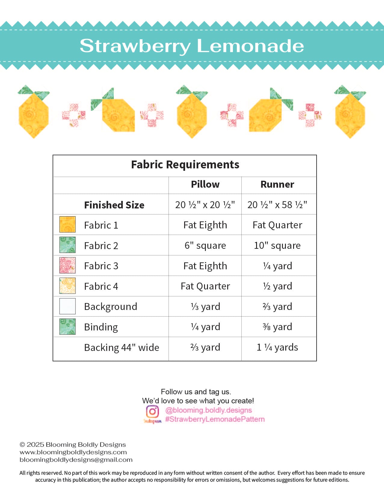 Digital Download - Strawberry Lemonade Runner and Pillow Pattern